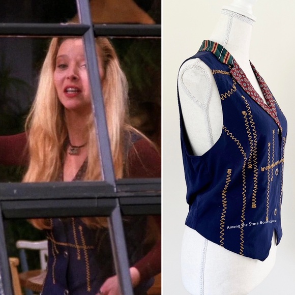 Extremely Rare 90s Vintage Mixed Print Navy Vest ASO Phoebe Buffay in Friends - Picture 6 of 13